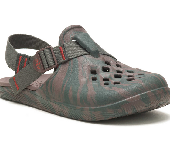 A pair of green camo Chacos