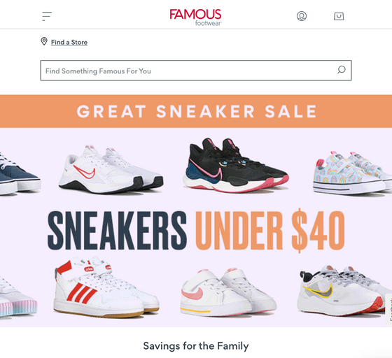 The landing page for Famous Footwear website (September, 2023)