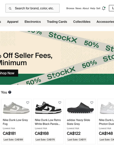The landing page for StockX website (September, 2023)