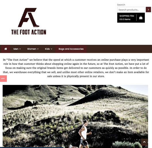 The landing page for The Foot Action website (September, 2023)