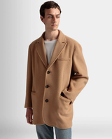 A man wearing a Bally brown overcoat