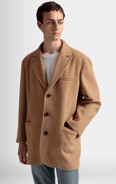 A man wearing a Bally brown overcoat