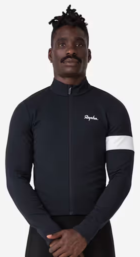 A man wearing a Rapha tight black cycling shirt