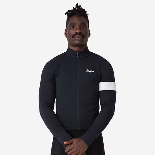 A man wearing a Rapha tight black cycling shirt