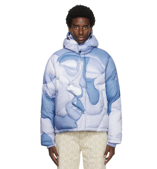 A man wearing a KidSuper baby blue puffy jacket