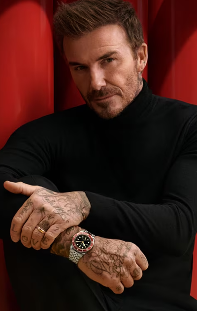 David Beckham wearing a Tudor watch and a black shirt