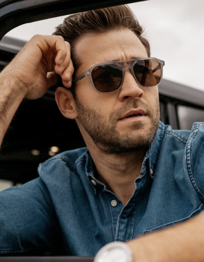 A man wearing a pair of Nick Square sunglasses and a denim jacket