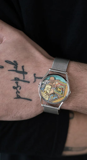 A man wearing a colorful Mr Jones silver watch