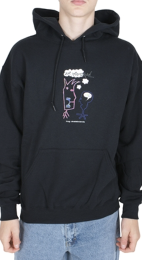 A man wearing a Frog Skateboards hoodie and blue jeans