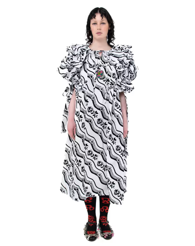 A woman wearing a Chopova Lowena white moss dress