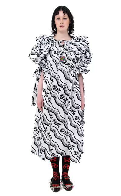 A woman wearing a Chopova Lowena white moss dress