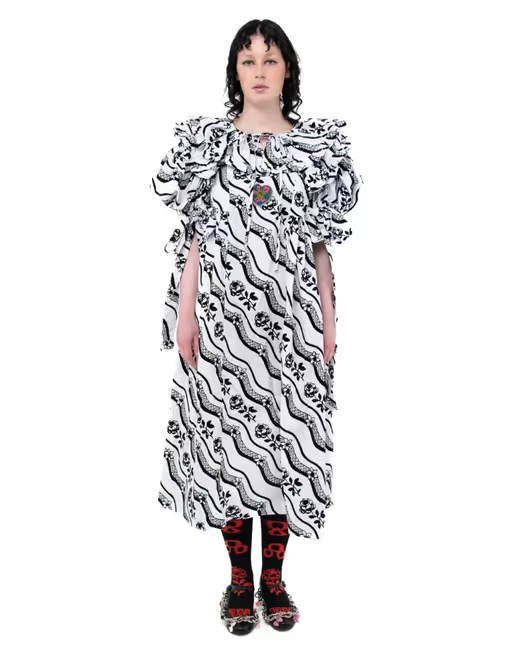 A woman wearing a Chopova Lowena white moss dress
