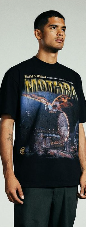 A man wearing a Hypland front printed black t-shirt