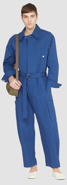 A man wearing a 3.1 Phillip Lim blue Long-Sleeve Jumpsuit