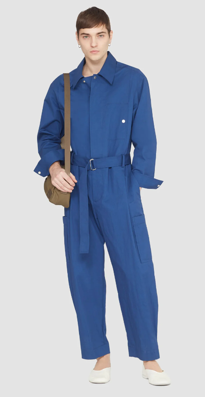 A man wearing a 3.1 Phillip Lim blue Long-Sleeve Jumpsuit