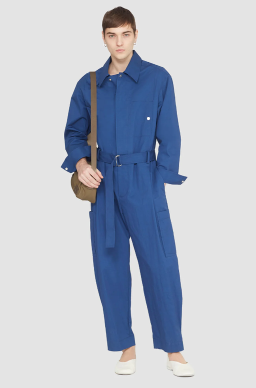 A man wearing a 3.1 Phillip Lim blue Long-Sleeve Jumpsuit