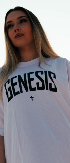 A woman wearing a Genesis Clothing white t-shirt