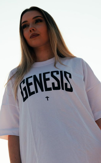 A woman wearing a Genesis Clothing white t-shirt