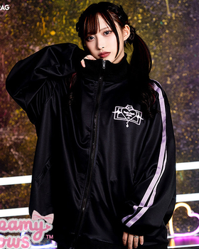 A woman wearing a Dreamy Bows addictive akuma devil black jersey jacket