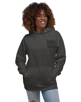 A woman wearing a Walker Wear charcoal grey ww sweatpants
