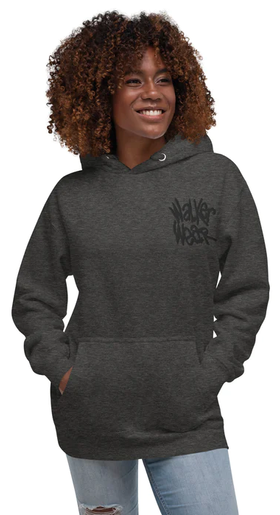 A woman wearing a Walker Wear charcoal grey ww sweatpants