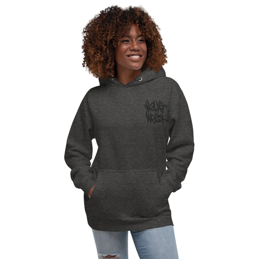 A woman wearing a Walker Wear charcoal grey ww sweatpants