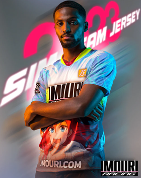 A man wearing a Imouri imouri racing - 2023 sim racing team jersey