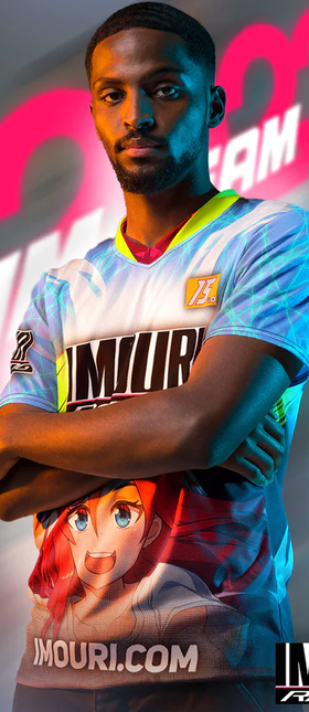 A man wearing a Imouri imouri racing - 2023 sim racing team jersey
