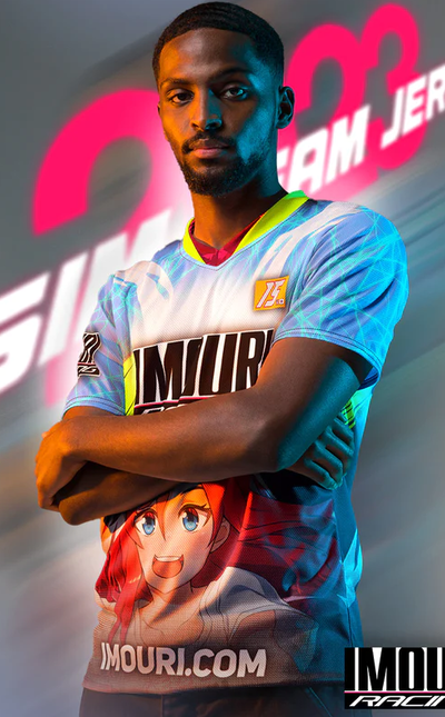 A man wearing a Imouri imouri racing - 2023 sim racing team jersey