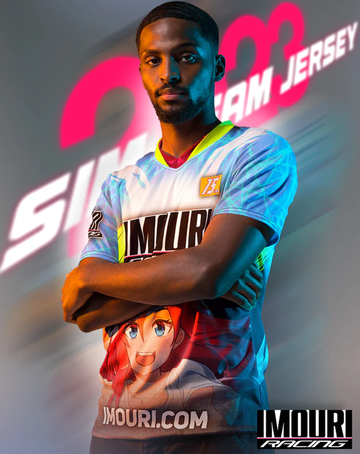 A man wearing a Imouri imouri racing - 2023 sim racing team jersey