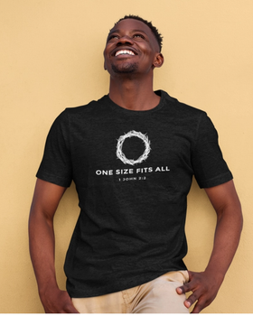 A man wearing a Fabrics of Faith black t-shirt