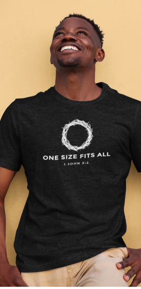 A man wearing a Fabrics of Faith black t-shirt