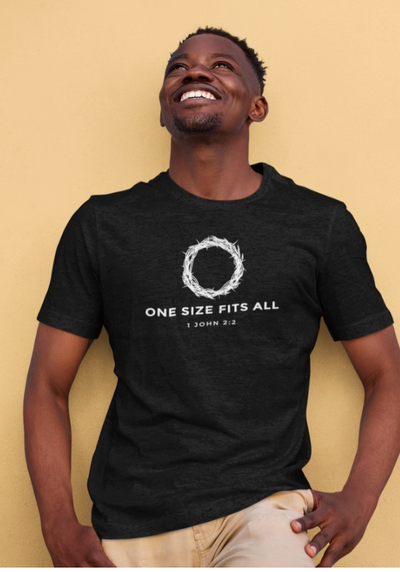 A man wearing a Fabrics of Faith black t-shirt