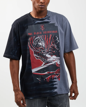 A man wearing a Atsuko the black swordsman split tie dye t-shirt