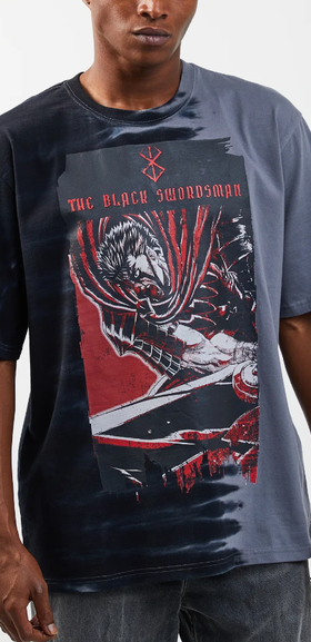 A man wearing a Atsuko the black swordsman split tie dye t-shirt