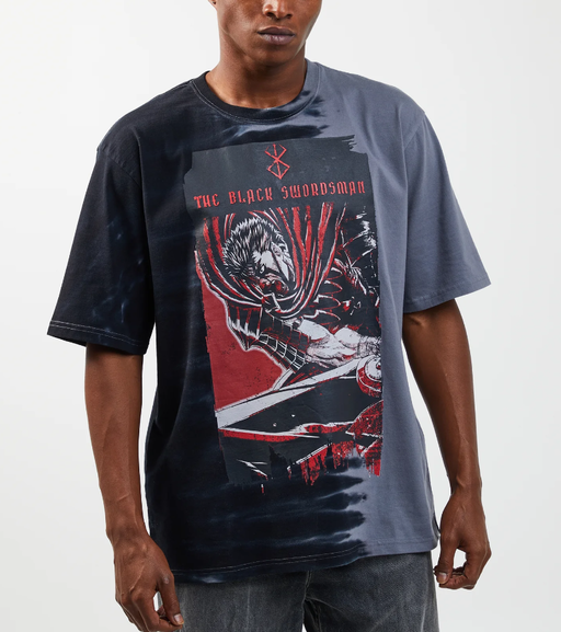A man wearing a Atsuko the black swordsman split tie dye t-shirt