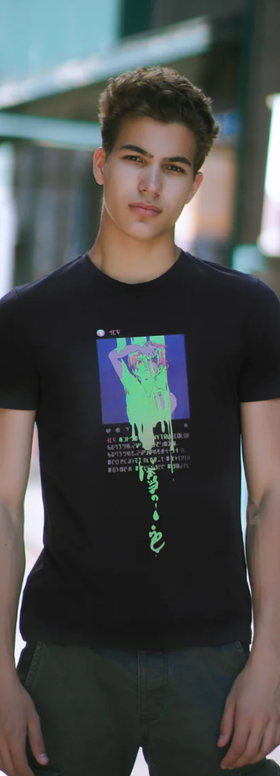 A man wearing a Bibisama printed black t-shirt