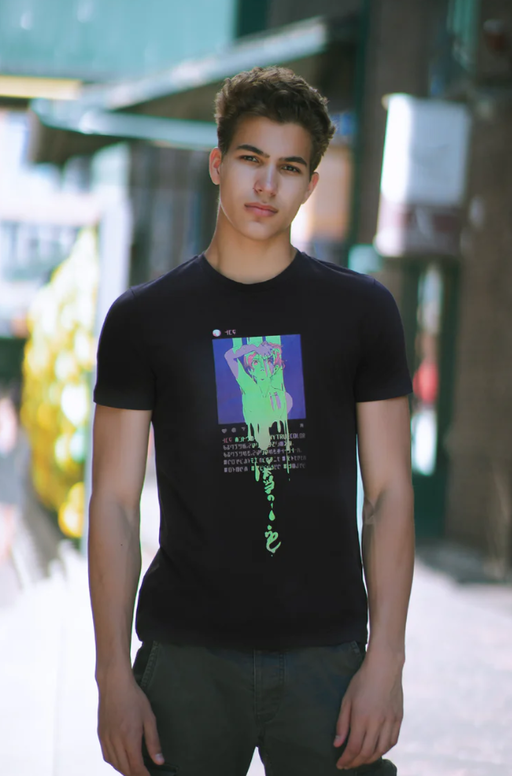 A man wearing a Bibisama printed black t-shirt