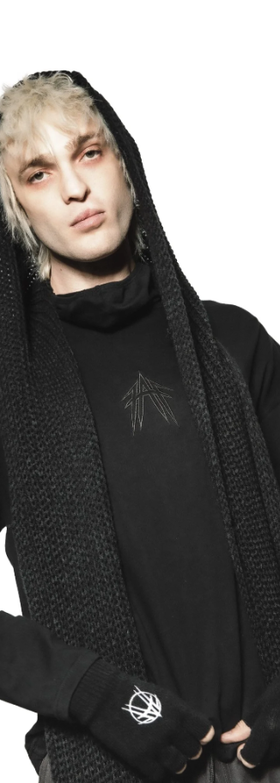 A man wearing a YRU black long sleeve t-shirt with cowl neck