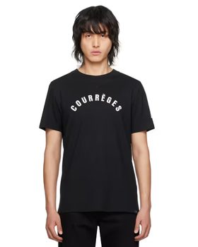 A man wearing a Courrèges black ac straight t-shirt