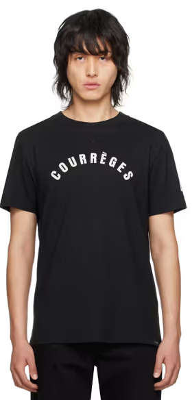 A man wearing a Courrèges black ac straight t-shirt