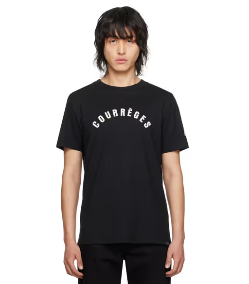 A man wearing a Courrèges black ac straight t-shirt