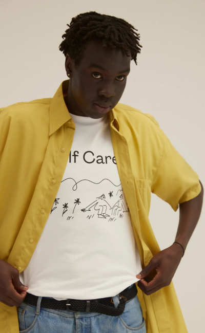 A man wearing white t-shirt