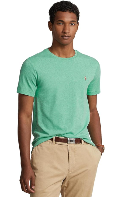A man wearing resort green heather color classic fit soft cotton t-shirt