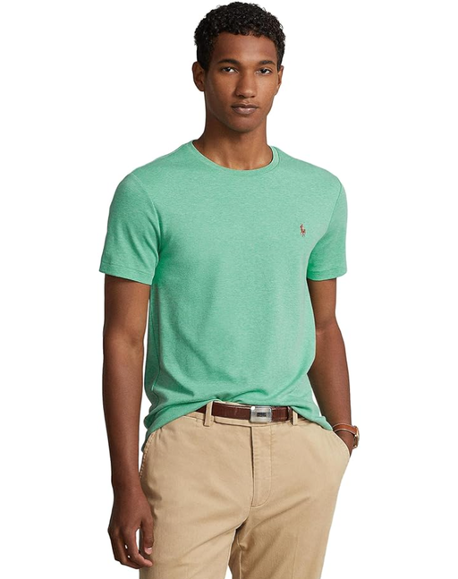 A man wearing resort green heather color classic fit soft cotton t-shirt