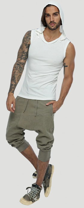 A man wearing off white tiger sleeveless hoodie