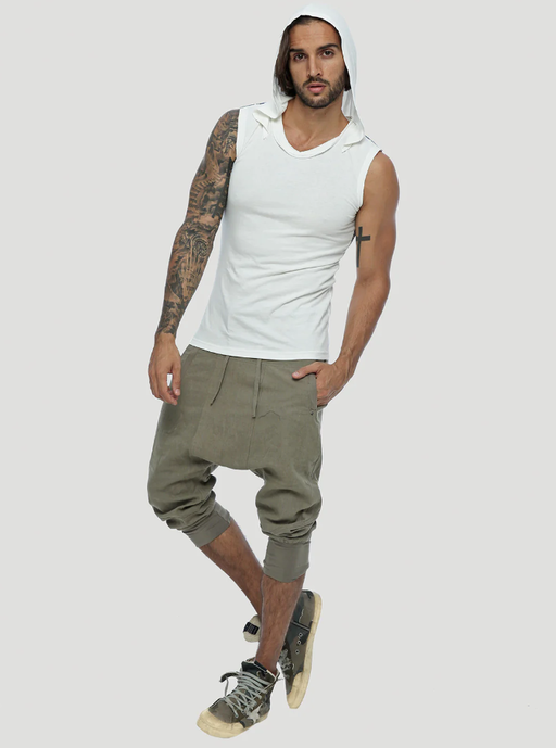 A man wearing off white tiger sleeveless hoodie