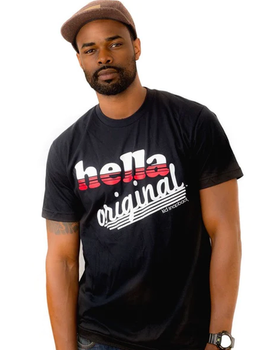 A man wearing black graphic t-shirt