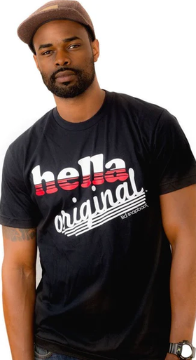 A man wearing black graphic t-shirt