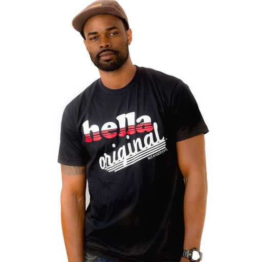 A man wearing black graphic t-shirt